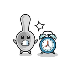 Cartoon Illustration of spoon is surprised with a giant alarm clock