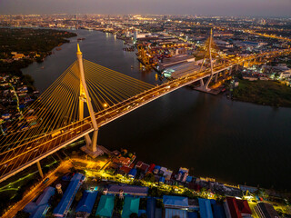 Fototapeta premium Aerial view of Bhumibol Bridge in Samut Prakan, Bangkok, Thailand