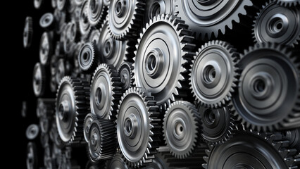 Background formed with group of 3D steel wheels in motion. 3D illustration - obrazy, fototapety, plakaty