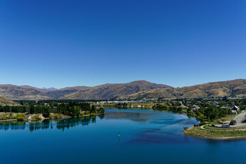 Cromwell and the Clutha/Mata-au river viewed from Jackson Lookout, Central Otago, south island,...