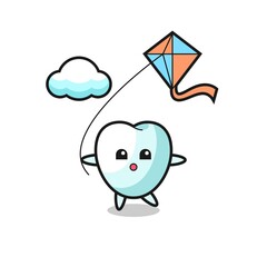 tooth mascot illustration is playing kite