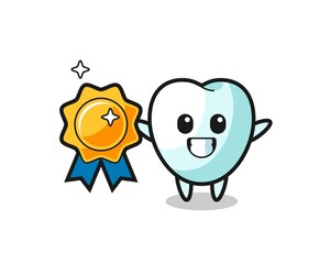 tooth mascot illustration holding a golden badge