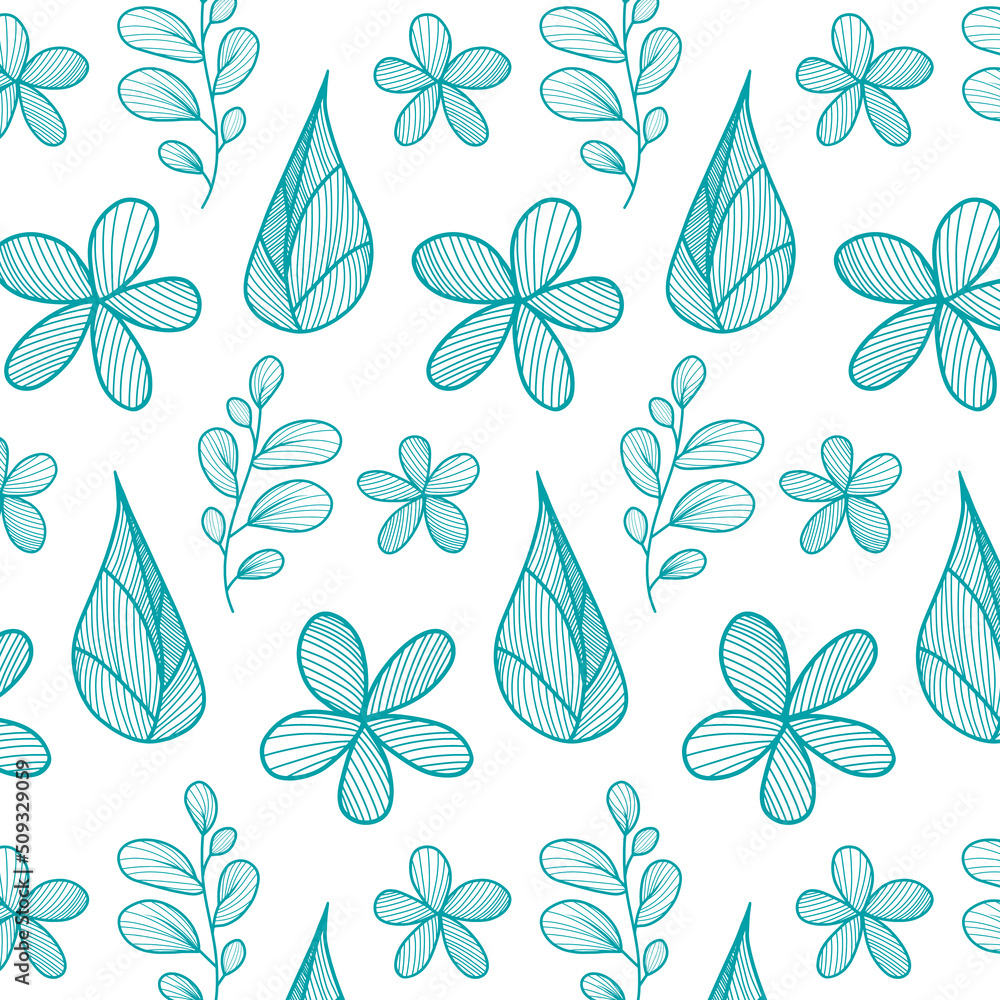 Poster blue botanical linear seamless pattern isolated on white background. simple vector floral background