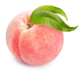 Peach fruit with leaf isolated on white background, Fresh Peach on White Background With clipping...