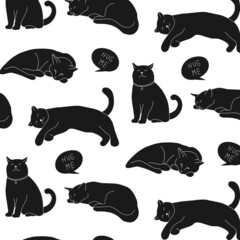 Vector seamless pattern with cute doodle cats. Simple black animal silhouette isolated on white background. Sleeping cat shadow shape.
