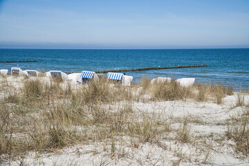 Beach chairs on the beach of Zingst on the Baltic Sea. Vacation with sunshine and sea.