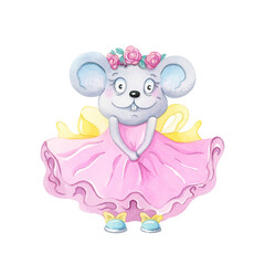 Happy Birthday to You. Mouse. Cute cartoon character. Balloons and hats. Birthday card. flat design. Children's greeting card template. Watercolor.