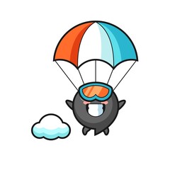 comma symbol mascot cartoon is skydiving with happy gesture