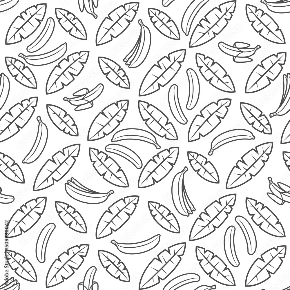 Poster seamless pattern with black and white palm leaves and bananas. tropical vector background with isola