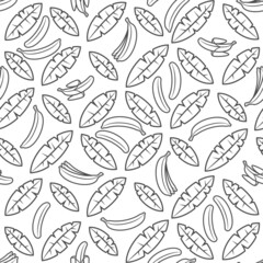 Seamless pattern with black and white palm leaves and bananas. Tropical vector background with isolated objects on white background.