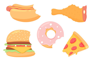 Fast food set. Collection of street food. Pizza, burger, hot dog, french fries, donut, drink.Vector set. Clip art Fast food meal.