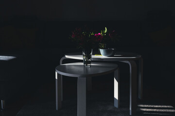 Coffee tables with flowers inside room with sunlight.