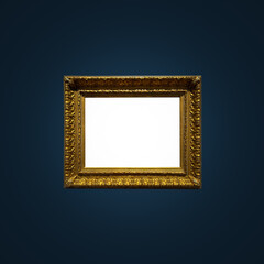 Antique art fair gallery frame on royal blue wall at auction house or museum exhibition, blank...