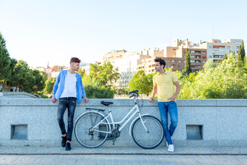 Obraz premium Couple of young men with bicycle posing looking at each other outdoors