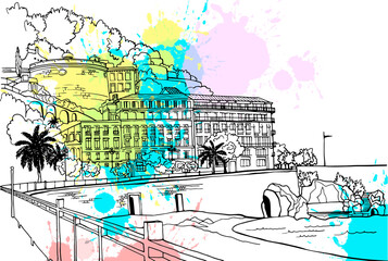 Old street. Nice view of the Nice, Provence, France. Hand drawn sketch. Urban sketch. Line art. Ink drawing. Black and white vector illustration. Blobs Background. Postcards style. Without people.