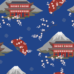  Japanese traditional buildings, fans, flowering cherry branches.Seamless colorfed vector pattern. 