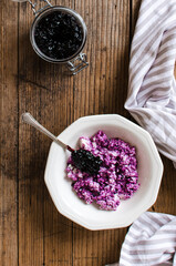 Healthy breakfast with cottage cheese and blueberry jam