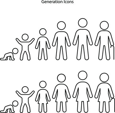 human generation family vector icon illustration set. Stickman parents, kids, grandparents aging process on white background.