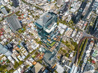 Aerial view of King Power Mahanakhon tower in Sathorn Silom central business district of Bangkok, Thailand