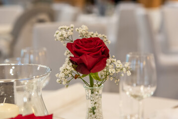 lovely red rose in a glas as table decoration for weddings