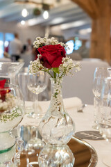 lovely red rose in a glas as table decoration for weddings
