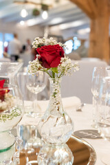 lovely red rose in a glas as table decoration for weddings