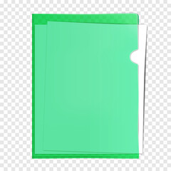 Clear color plastic project pocket with white blank paper inside realistic mockup. PVC corner file sleeve folder vector mock-up - obrazy, fototapety, plakaty