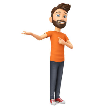 Cartoon character guy points his finger at an empty hand. 3d render illustration.
