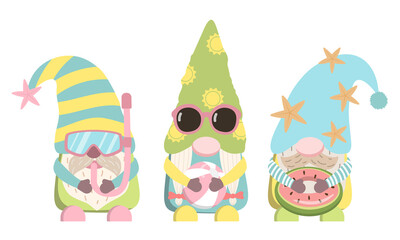Summer pool gnomes with swim mask, ball, rubber ring. Cartoon vector illustration. Isolated on white background. Design for pool party invitation, card, and banner.