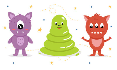 Collection of cute and charming monsters. For the design of children's toys and clothes. Vector illustration
