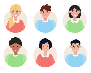 Fototapeta premium Set of avatars of different young people. Portraits of women and men of different nationalities. Vector illustration