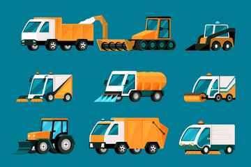 city cleaning cars. urban harvesting vehicles trucks with waste containers tractors big machines. Vector cartoon templates in flat style