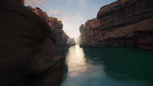 Flight in the canyon with red cliff walls. Flight in the deep beautiful red canyon with river. Grand canyon with red cliff walls. Looped animation.