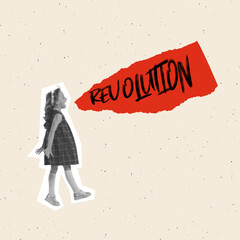 Contemporary art collage. Little girl, child shouting revolution word isolated over light background