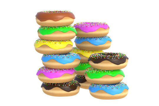 Lot of donuts isolated on white background. 3d render
