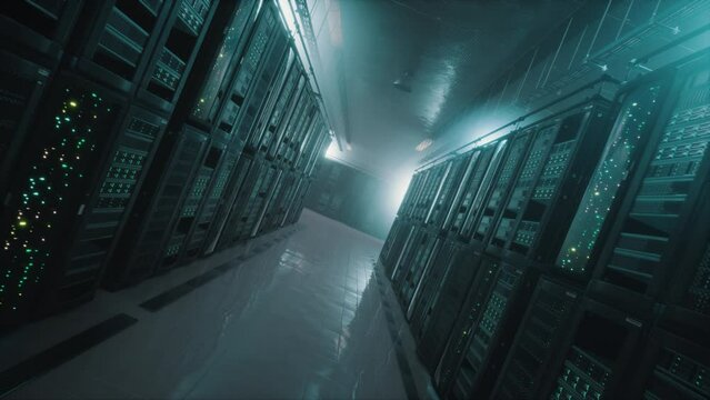 3D render slow rotating camera movement through a modern, low-lit server room in data center. Large racks with servers. Big data and remote cloud computing concept