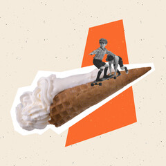 Contemporary art collage. Two playful boys, children skateboarding on ice cream cone. Retro style