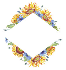 Frame. Watercolor sunflowers, cornflowers 