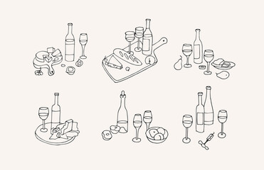 Obraz premium Vector trendy illustration template and icons in linear style - wine sets with bottles of wine, glasses and plates with cheese and fruits.