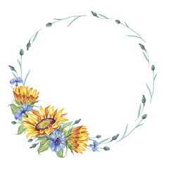 Fototapeta na wymiar Wreath. Watercolor sunflower and cornflower