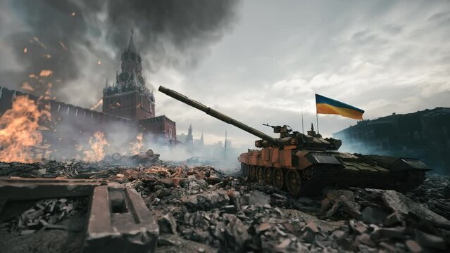 Ruined Moscow and Red Square on fire. End of the Russian. War on Red Square.