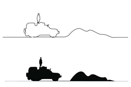 Adventure concept of a young male adventurer person looking around on pickup SUV. young boy on a vehicle in war zone