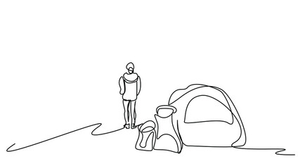 one person tent camping drawing concept in nature