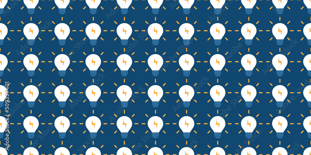 Poster lots of simple minimalist glowing light bulbs - pattern on blue background design, seamless wide sca