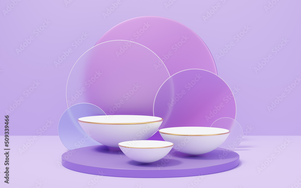 Wall mural 3 white half sphere podium with gold border on glass arch circle purple background. empty pedestal m