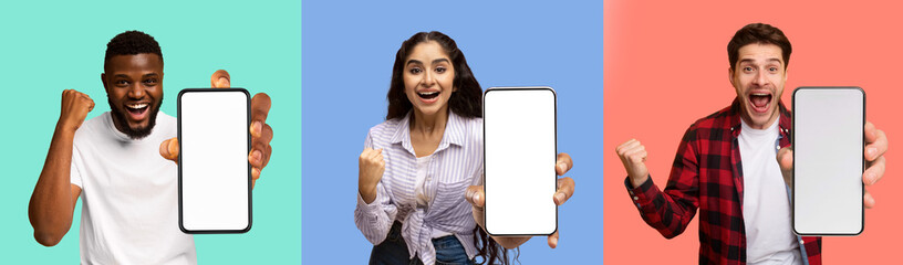 Obraz premium Emotional millennials showing cell phones with empty screens, gesturing