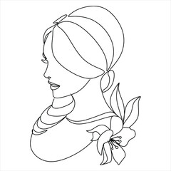 Abstract line art woman with Monstera contour drawing. Minimal art leaves on female head. Modern minimal black and white botanical illustration. Plant head face
