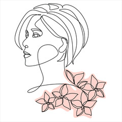 Abstract line art woman with Monstera contour drawing. Minimal art leaves on female head. Modern minimal black and white botanical illustration. Plant head face
