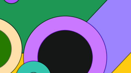 Abstract geometric colorful vector background in Material design style with concentric circles and rotated rectangles with shadows, imitating cut paper.