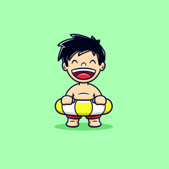 Cute boy happy wearing a swimming ball in summer cartoon